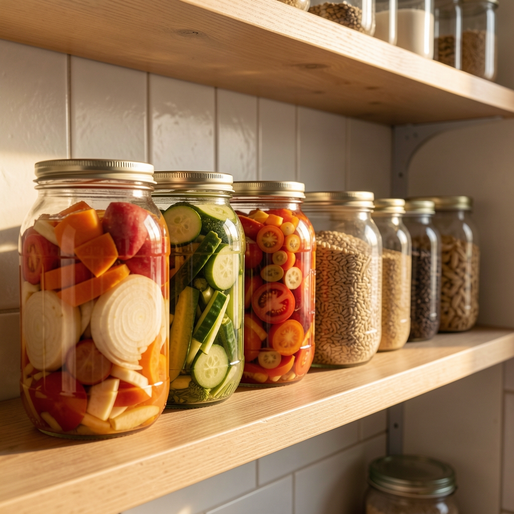 Glass jars of fermented vegetables and grains lined up on a kitchen shelf in warm early morning light