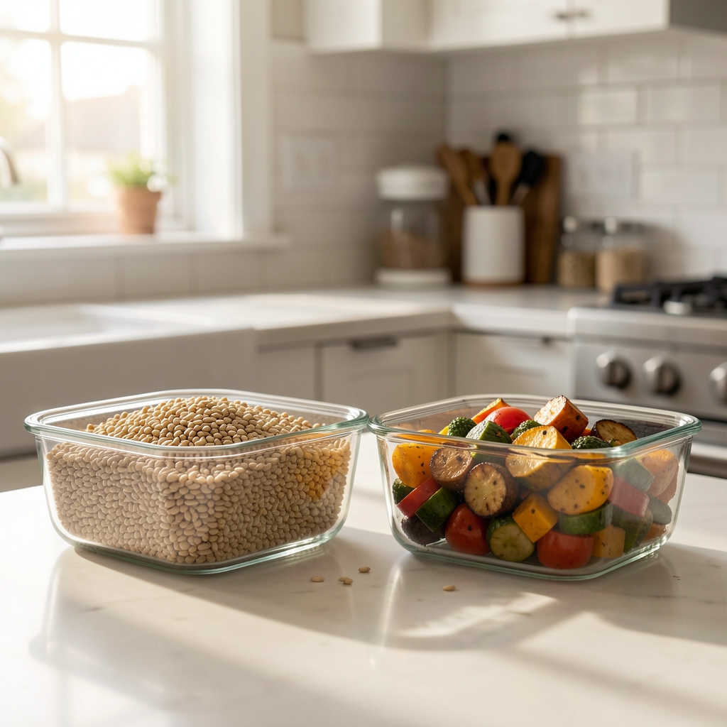 Batch-cooked grains and roasted vegetables in separate glass containers arranged on a kitchen counter in afternoon light