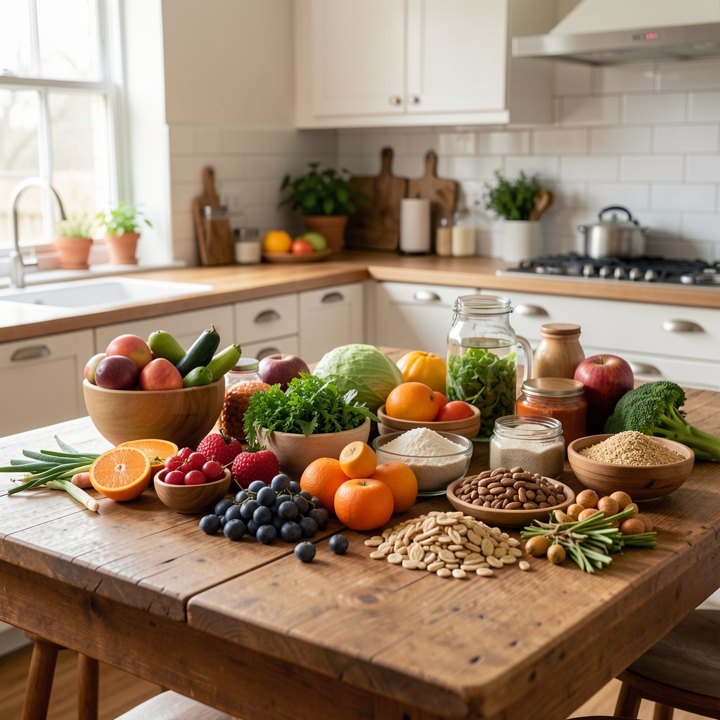 Spread of seasonal produce and wholefood ingredients on a large wooden table in a bright, naturally lit kitchen